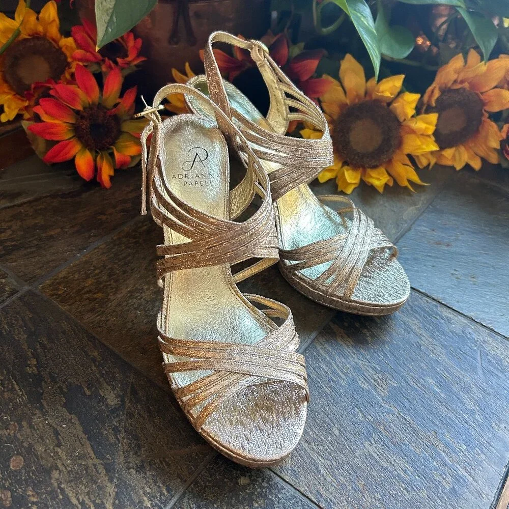 Adrianna Papell “Aiden” Gold Metallic Strappy Slingback Platform Sandal